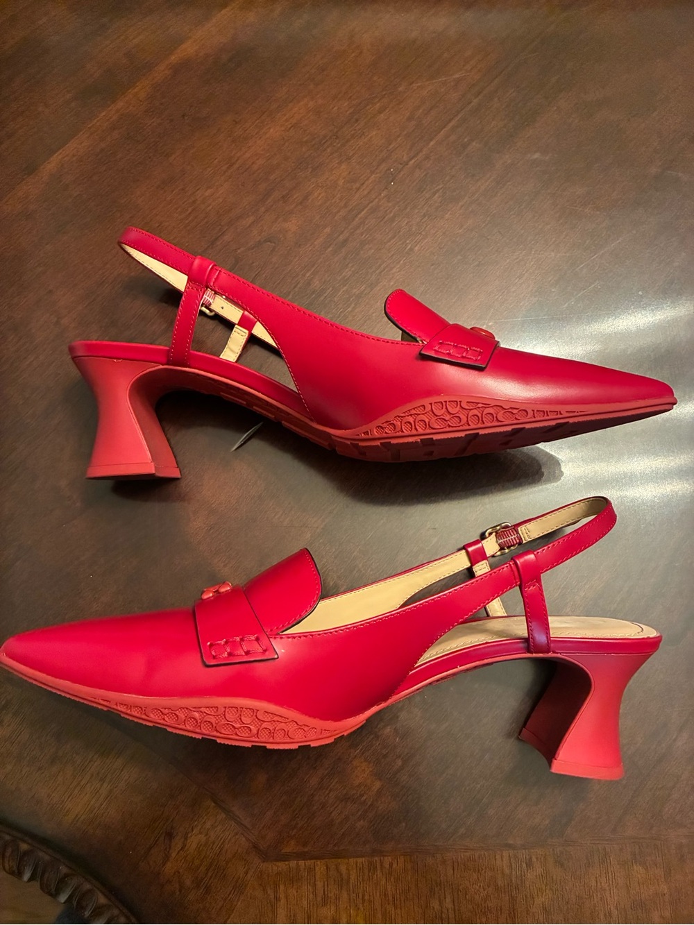 Coach Red Leather Pointed-Toe Slingback Heels Rubber Soles Coach Logo. Size 9.5